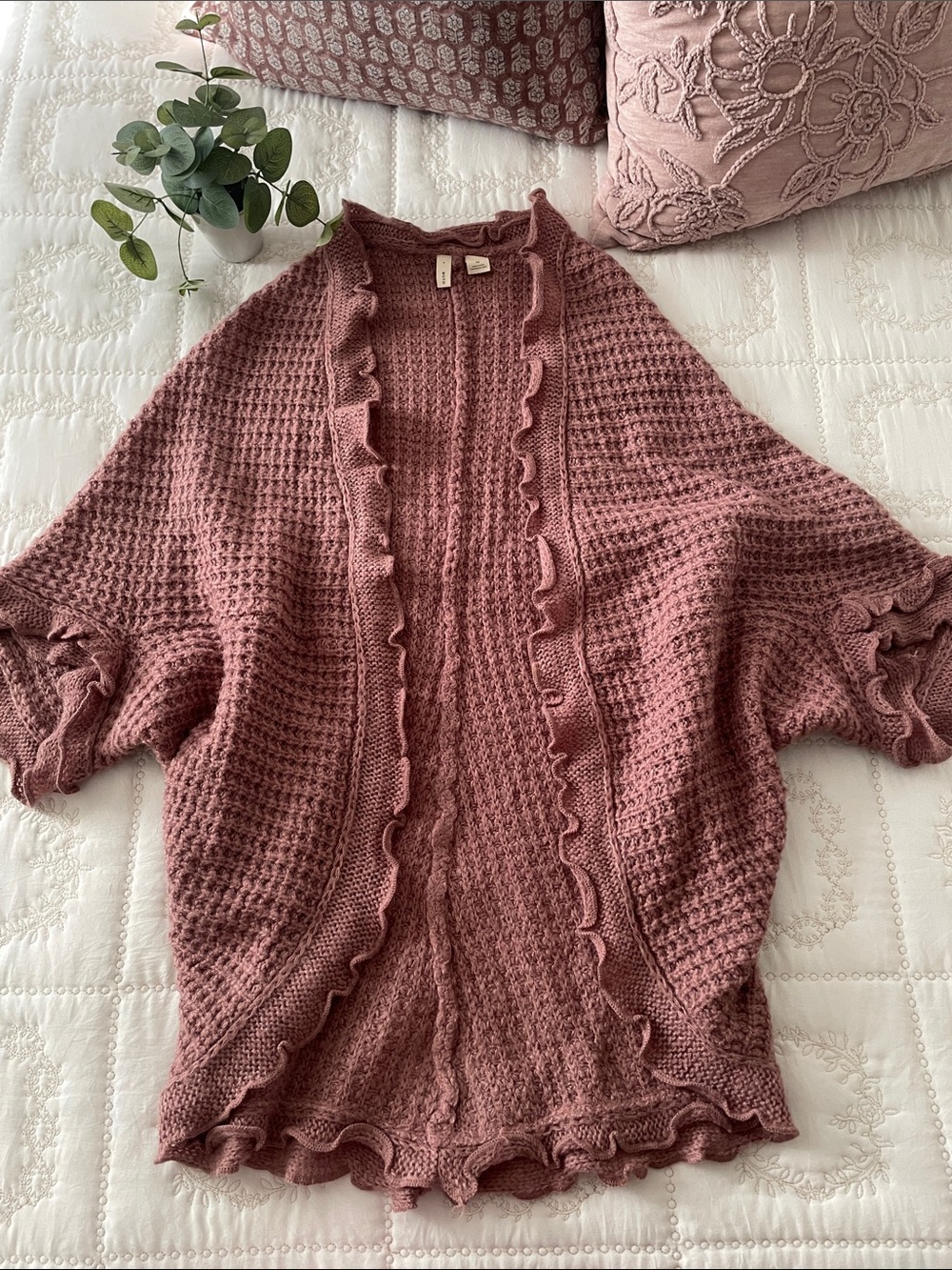 Anthropologie Moth Waffle Knit Ruffle Open Cardigan - Dusty Rose